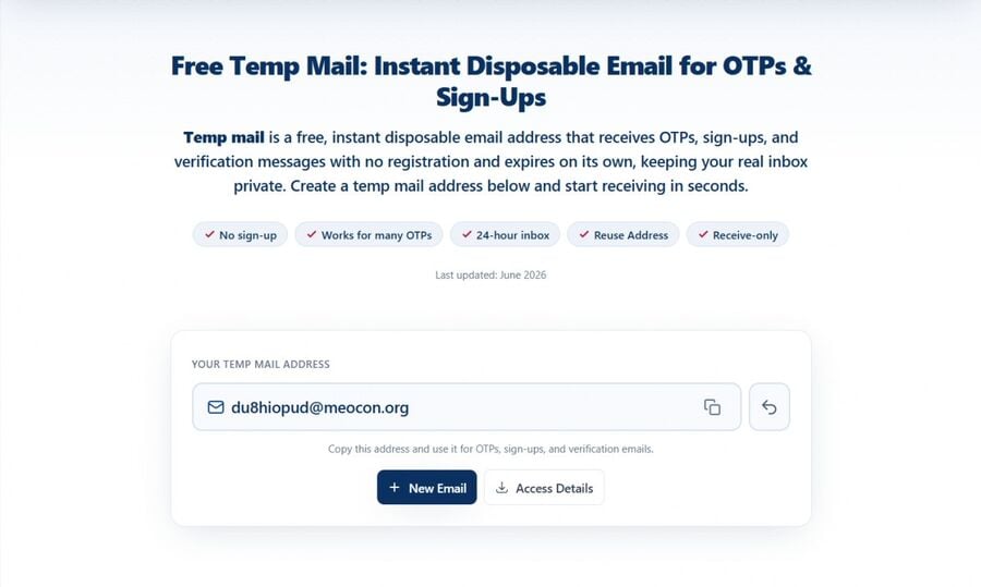 La homepage di Tmailor genera automaticamente un indirizzo email temporaneo usa e getta casuale che può essere copiato e incollato nel modulo di iscrizione di Facebook per verificare un nuovo account senza dover usare una casella di posta personale