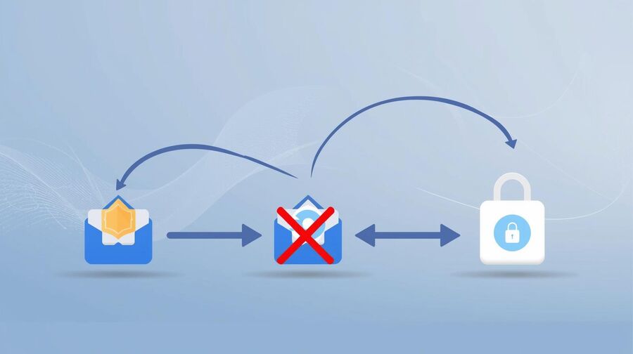 Patuloy na pagsasama pipeline visual metapora kung saan ang mga icon ng email ay naglalakbay sa mga secure na lane sa mga disposable inbox habang ang isang hiwalay na lane patungo sa mga personal na mailbox ay hinarangan ng mga palatandaan ng babala