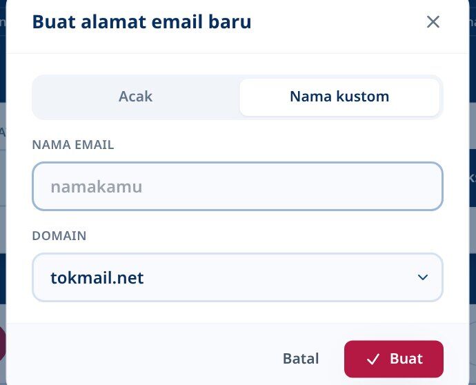 Tmailor Buat dialog alamat email baru pada tab Nama kustom dengan bidang Nama email dan dropdown Domain