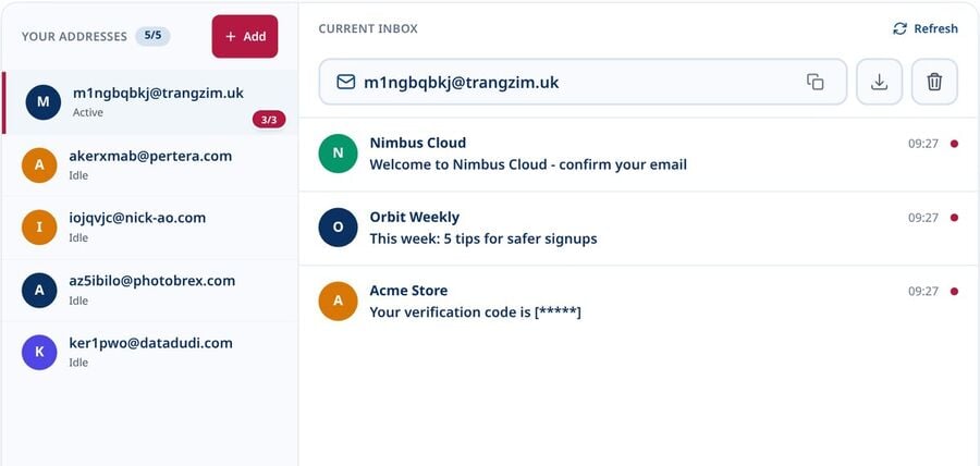 Tmailor dashboard with several disposable inboxes in the Your Addresses sidebar and one active inbox open on the right