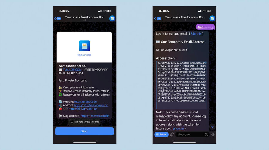 A chat interface features a bot message with a temporary address and a new message indicator illustrating hands-free inbox checks inside a messaging app