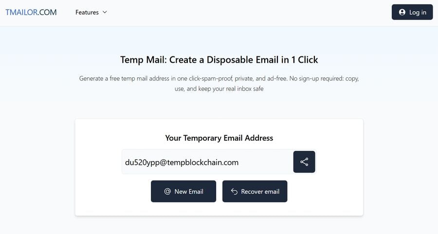 Temporary email inbox interface on Tmailorcom for instant disposable email use