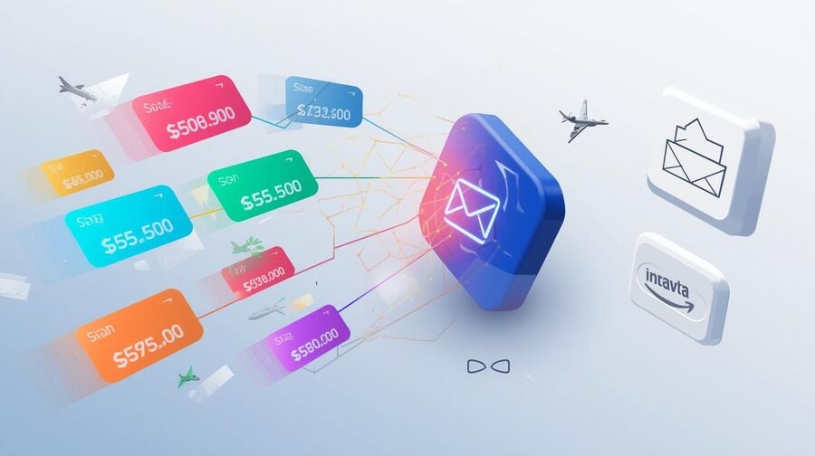 Abstract travel deals website with price cards connected to a large temporary email icon while a protected main inbox icon sits to the side illustrating how temp mail collects flight deals and promotions without spamming the primary email