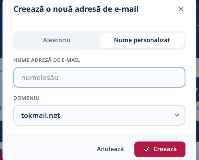 Tmailor Creează un nou dialog pentru adresa de email în fila Nume personalizat cu un câmp de nume de email și un meniu derulant pentru domeniul