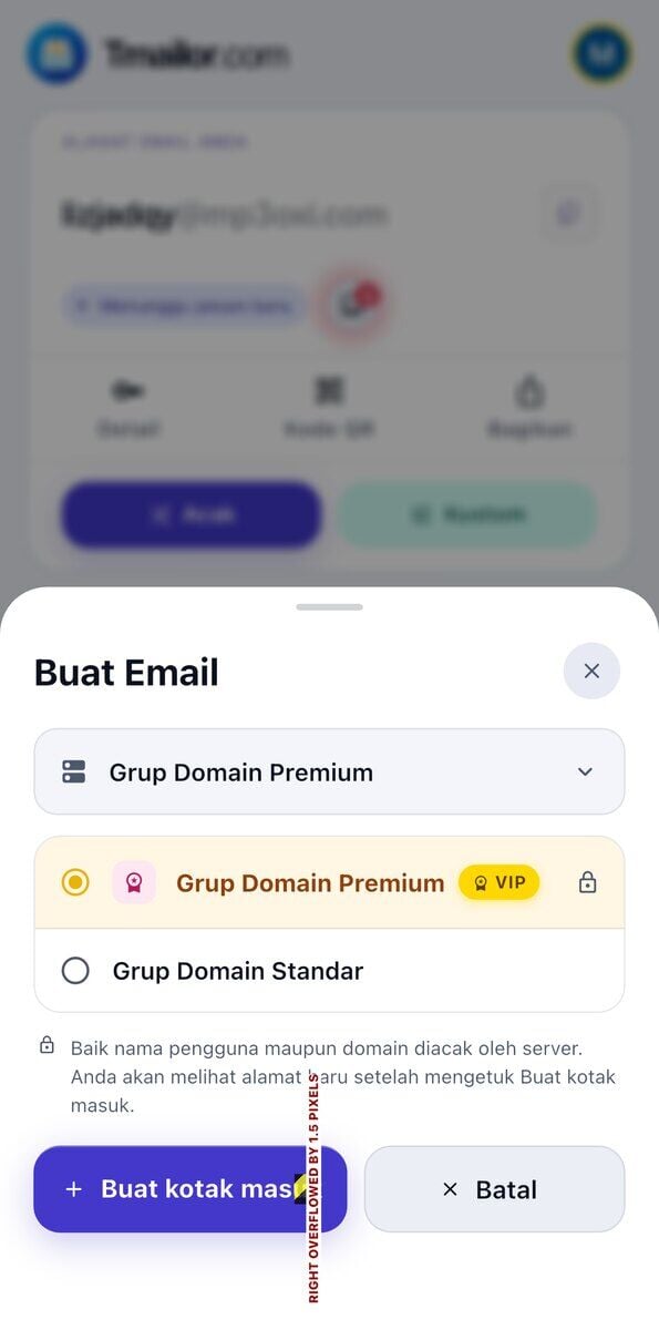 Panel Buat Email di iOS yang memuat Grup Domain Premium di balik lencana VIP dan gembok serta Grup Domain Standar