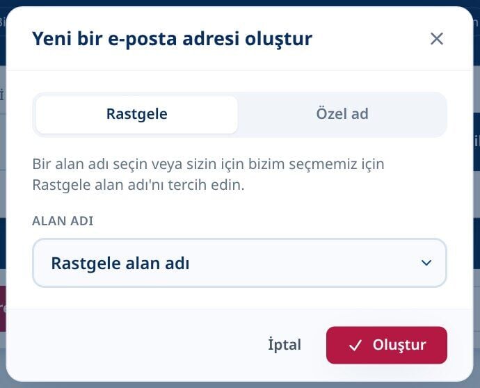 Tmailor Rastgele sekmesi seçilmiş ve Random alan seçeneği ile yeni bir e-posta adresi diyalogu oluştur