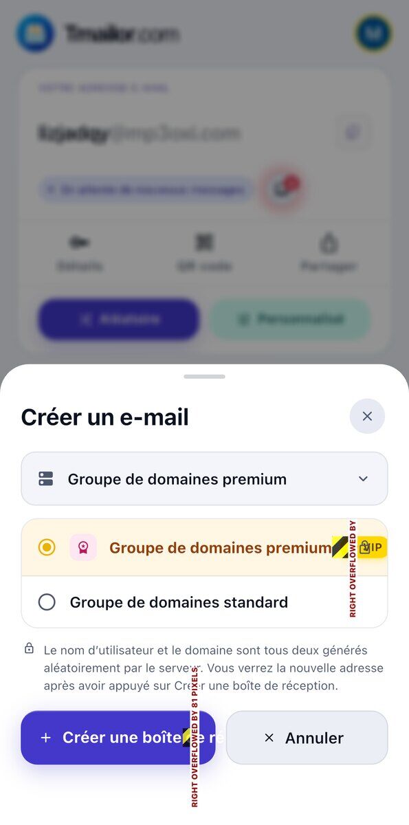 Le panneau Créer un e-mail sur iOS présentant le Groupe de domaines Premium derrière un badge VIP et un cadenas ainsi que le Groupe de domaines standard