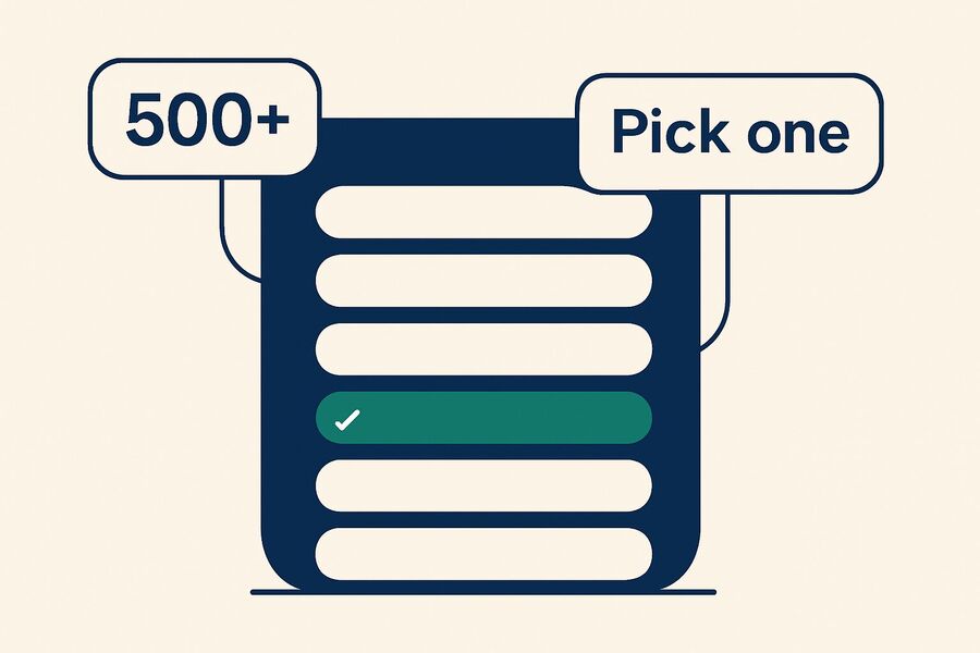 Illustration of a large shared domain pool with one option highlighted representing Tmailors 500-plus public domains