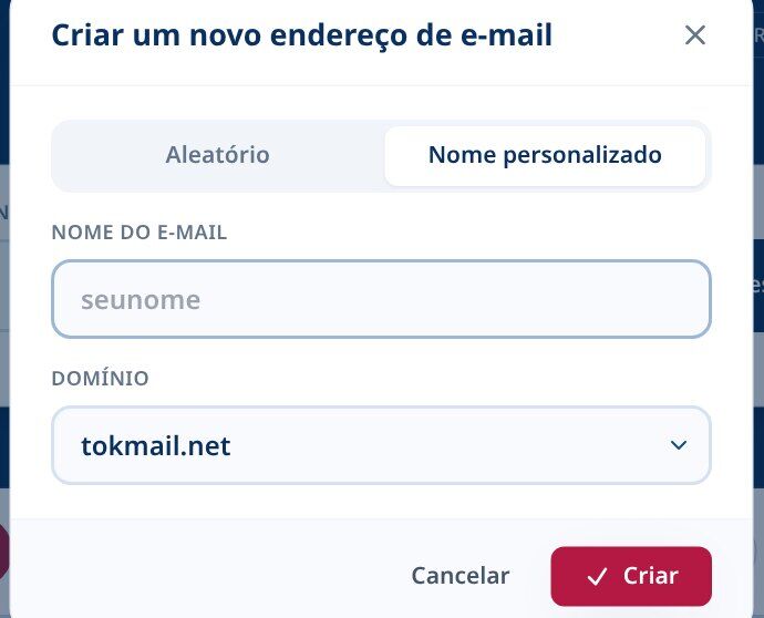 Tmailor Crie um novo diálogo de endereço de e-mail na aba Nome Personalizado com um campo de Nome de E-mail e um menu suspenso Domínio