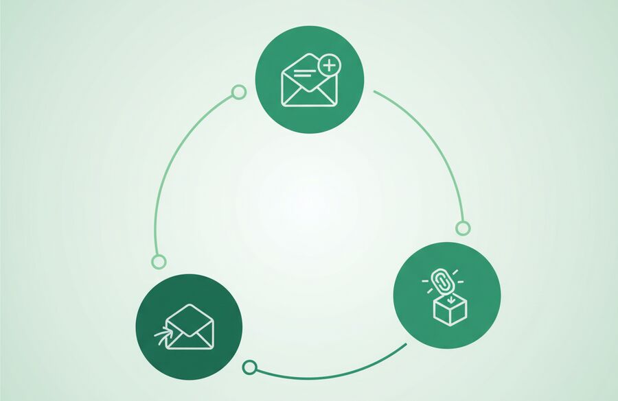 Pabilog na daloy ng trabaho na kumakatawan sa mga trabaho ng CircleCI ang bawat node ay nagpapakita ng isang hakbang ng paglikha ng inbox paghihintay para sa email at pagkuha ng mga token paghahatid ng muling paggamit at naka-encapsulated na lohika