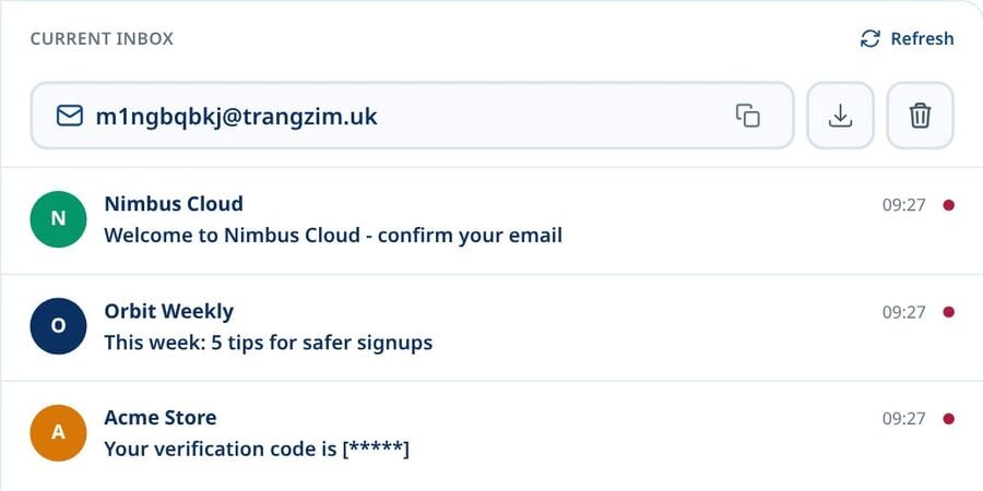 Tmailor Current Inbox panel showing the active address with copy download and delete icons and a Refresh button