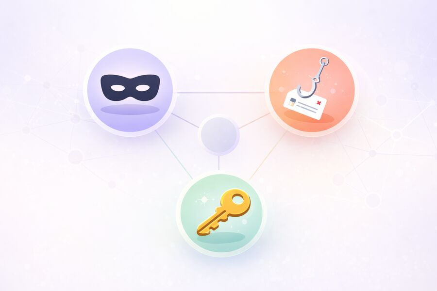 Ilustrasi konsep model ancaman dengan tiga node terhubung yang mewakili privasi pemulihan akun dan risiko phishing membantu pembaca memahami