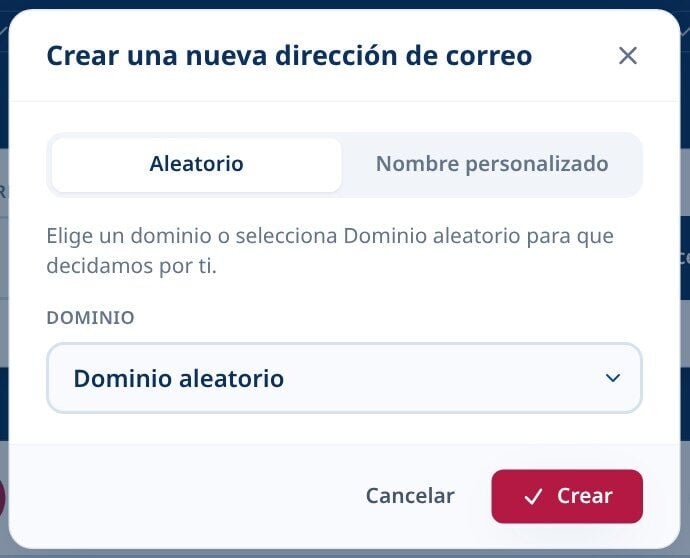 Tmailor Crea un nuevo diálogo de dirección de correo electrónico con la pestaña Aleatoria seleccionada y un desplegable de Dominio Aleatorio