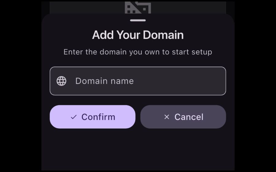 Add Your Domain dialog in the Tmailor app with a field for entering a custom domain for private temp mail
