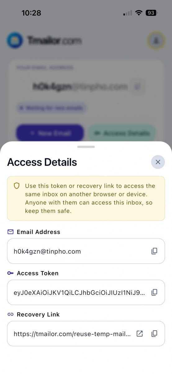 Tmailors iOS app exposes the token that lets the same inbox open on a second device or browse