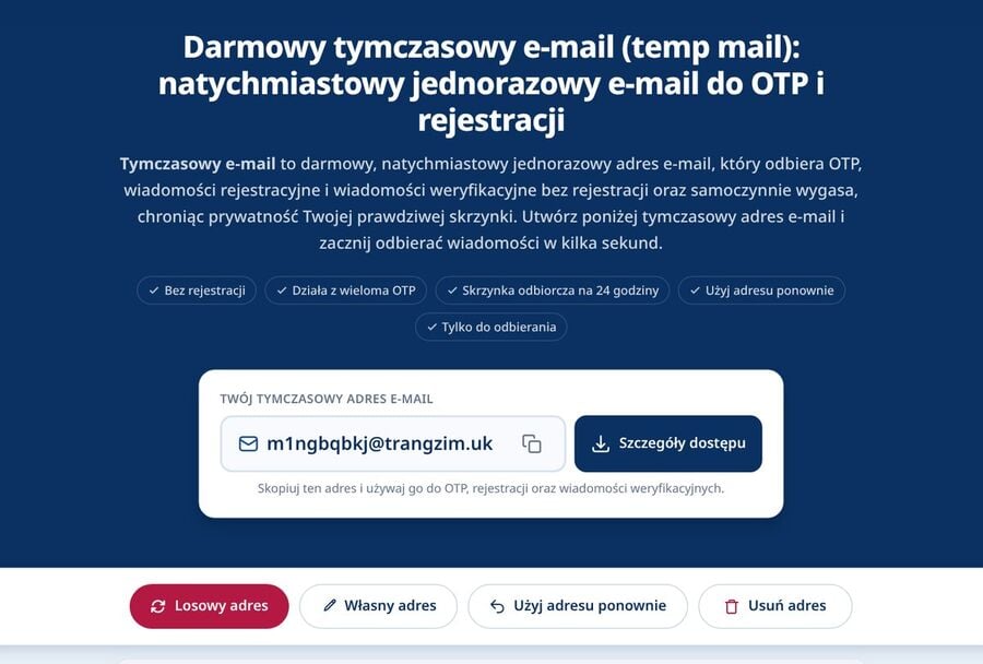 Strona główna Tmailor generuje losowy jednorazowy adres e-mail gotowy do skopiowania do formularza zapisu LinkedIn tak aby mail potwierdzający trafiał poza prywatną skrzynkę odbiorczą