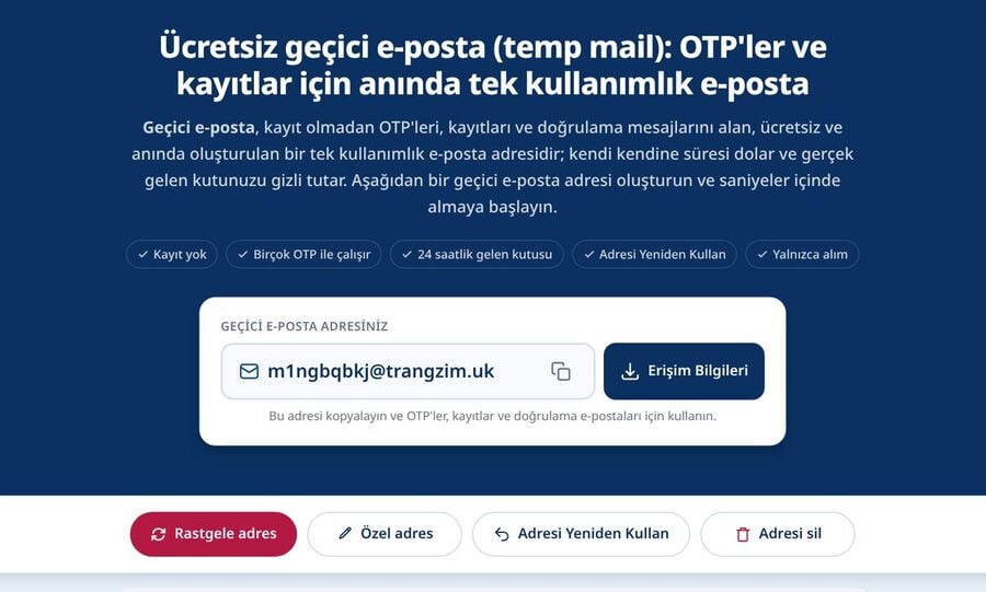 Tmailor ana sayfası LinkedInin kayıt formuna kopyalanmak üzere rastgele bir e-posta adresi oluşturuyor ve onay e-postası kişisel gelen kutusunun dışına düşüyor