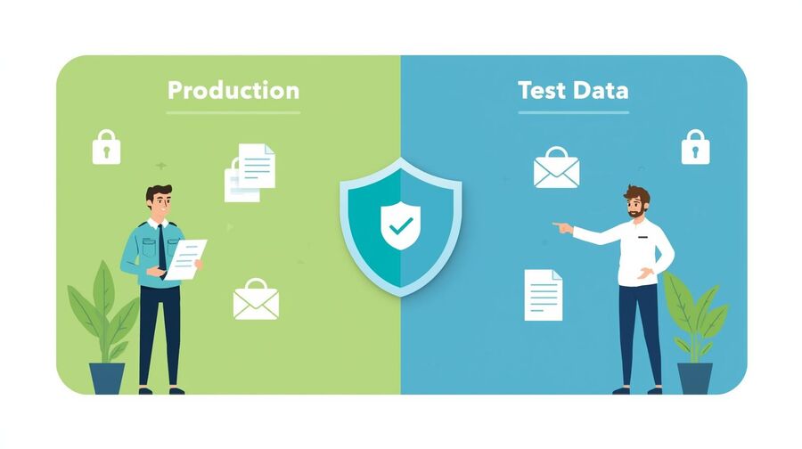 Sinusuri ng mga koponan ng pagsunod at QA ang isang dashboard na hugis-kalasag na naghihiwalay sa tunay na data ng customer mula sa trapiko sa pagsubok na na-ruta sa pamamagitan ng pansamantalang mga domain ng email