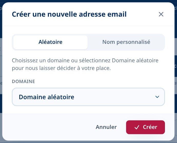 Tmailor Créez une nouvelle boîte de dialogue dadresse e-mail avec longlet Aléatoire sélectionné et un menu déroulant Domaine aléatoire
