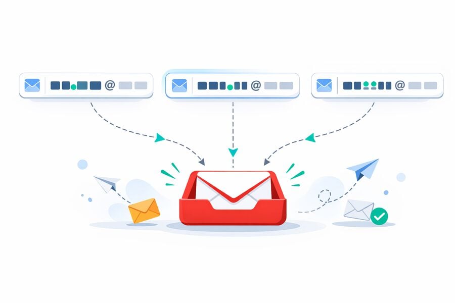 Email username with dots placed at different positions all merging into the same single inbox
