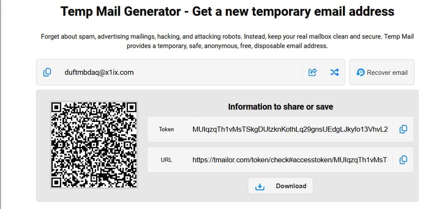 Receive a token to recover a temporary email address for future use in the share section