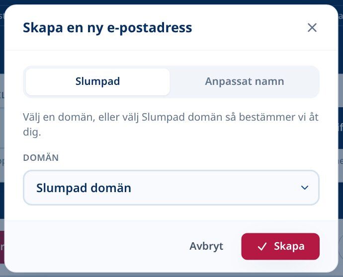 Tmailor Skapa en ny e-postadress med fliken Slumpmässig vald och ett Slumpmässigt domänalternativ
