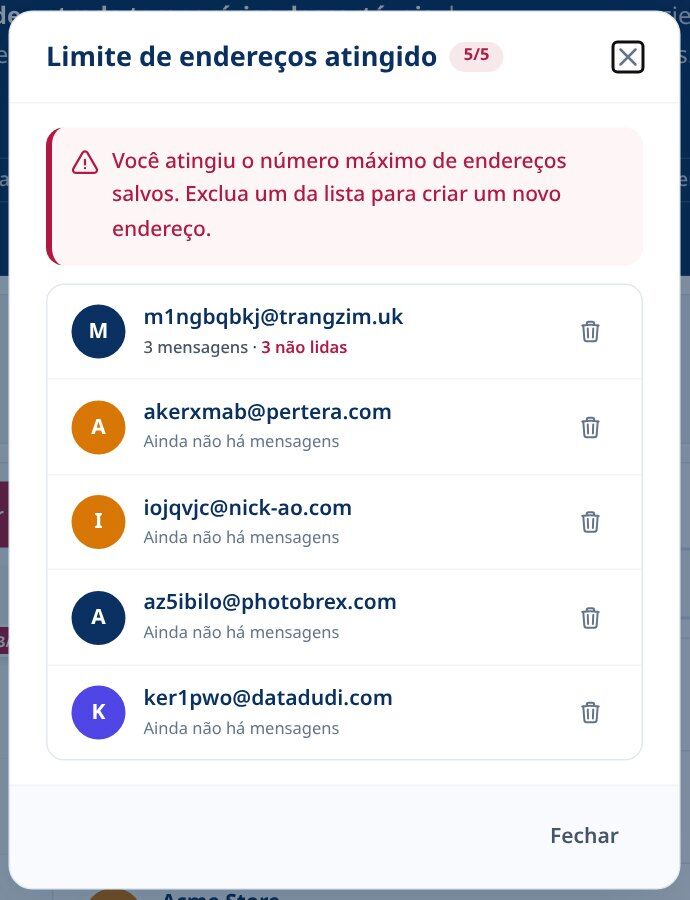 Limite de endereço Tmailor alcançado listando endereços descartáveis salvos cada um com um botão de exclusão