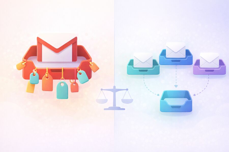 Two columns comparing one busy Gmail mailbox with many alias labels versus multiple independent disposable temp mail inboxes