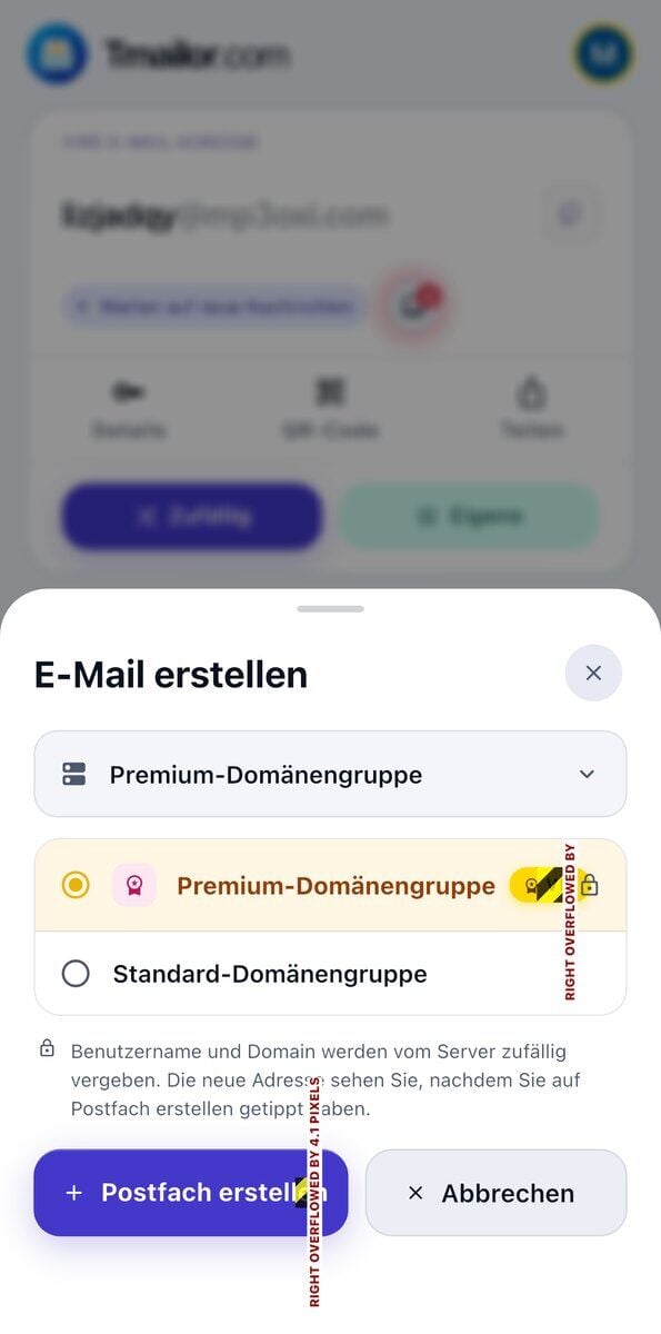 Das Blatt E-Mail erstellen unter iOS mit der Premium-Domaingruppe hinter einem VIP-Abzeichen und einem Schloss sowie der Standard-Domaingruppe