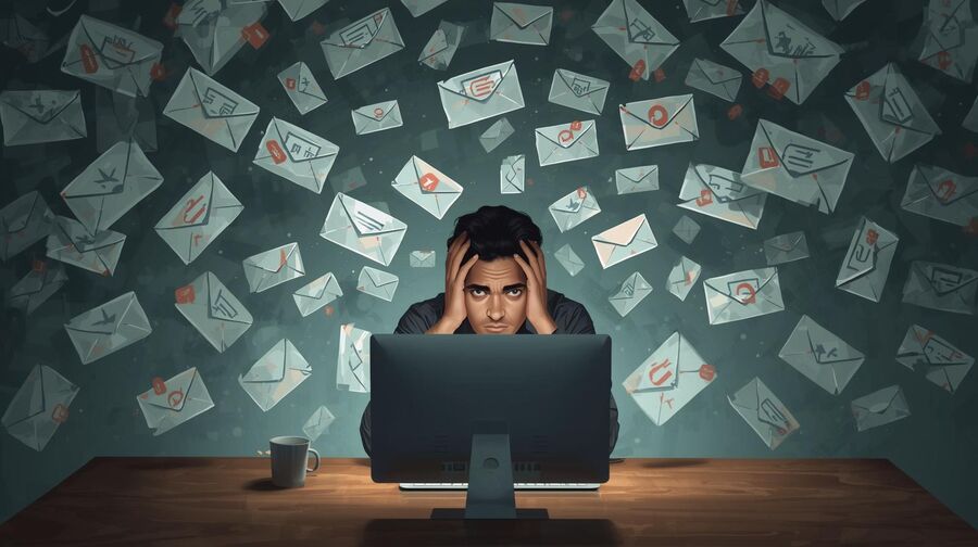 Overwhelmed traveler sitting at a desk surrounded by floating email envelopes with airplane hotel and discount icons symbolizing an inbox flooded by travel newsletters flight offers and loyalty promos that hide important messages