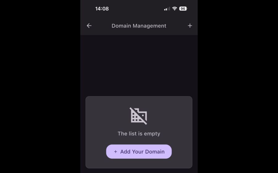 Manage Domains screen in the Tmailor app where existing private domains and their setup status are listed