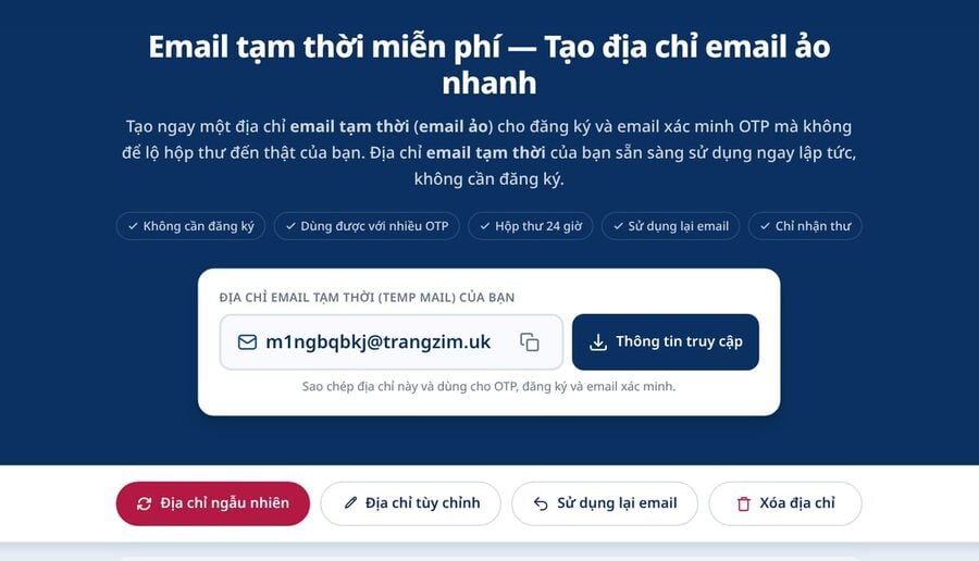 Màn hình chính web Tmailor với địa chỉ email tạm thời đã tạo nút Thông tin truy cập và các nút Địa chỉ ngẫu nhiên Địa chỉ tùy chỉnh Sử dụng lại email và Xóa địa chỉ bên dưới