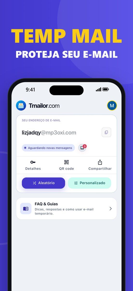 iPhone mostrando a tela inicial do Tmailor para iOS com um endereço de e-mail descartável o status Aguardando novas mensagens e os botões Detalhes Código QR Compartilhar Aleatório e Personalizado