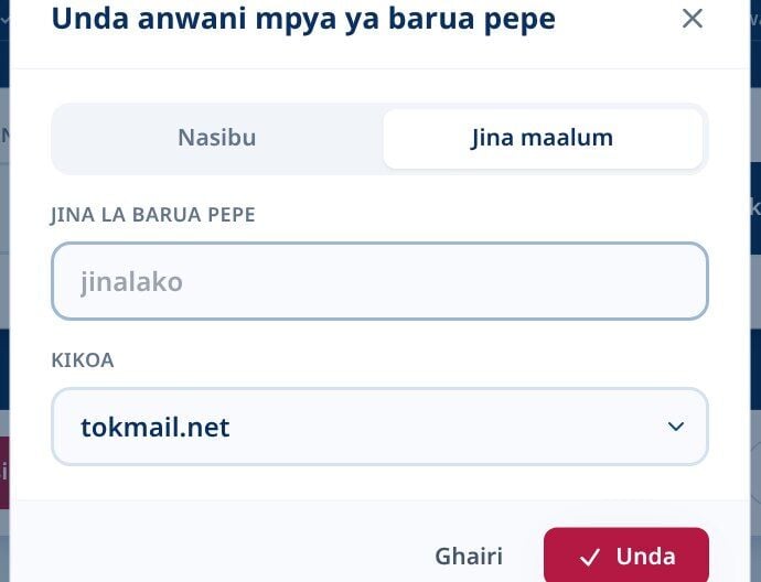 Tmailor Unda mazungumzo mapya ya anwani ya barua pepe kwenye kichupo cha jina maalum na uwanja wa jina la barua pepe na menyu kunjuzi ya Kikoa