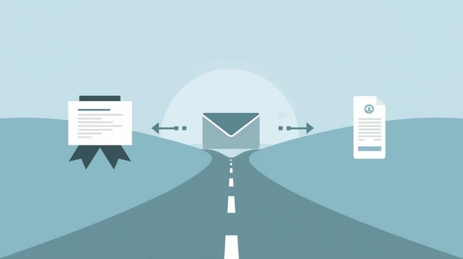 Two diverging pathsone toward a certificate and library one toward a simple receiptillustrate when to move from reusable inboxes to a primary email for long-term continuity
