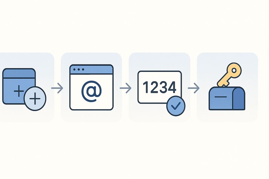 Four icon steps create inbox sign up verify OTP save token