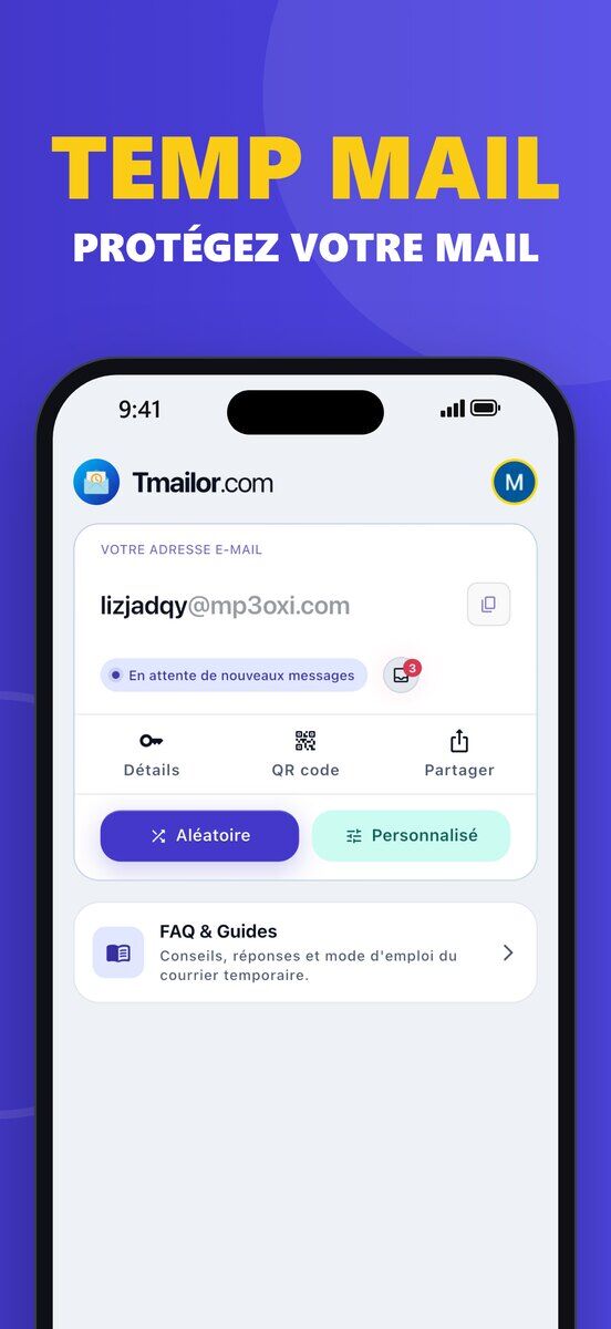iPhone affichant lécran daccueil de Tmailor sur iOS avec une adresse e-mail jetable un badge détat En attente de nouveaux messages et les boutons Détails Code QR Partager Aléatoire et Personnalisé