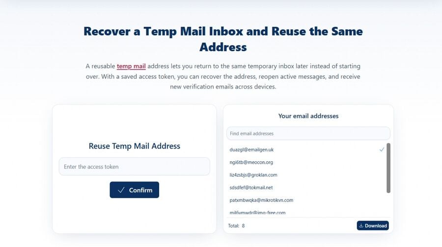 Tmailor reuse temp mail address screen for restoring an inbox with an access token