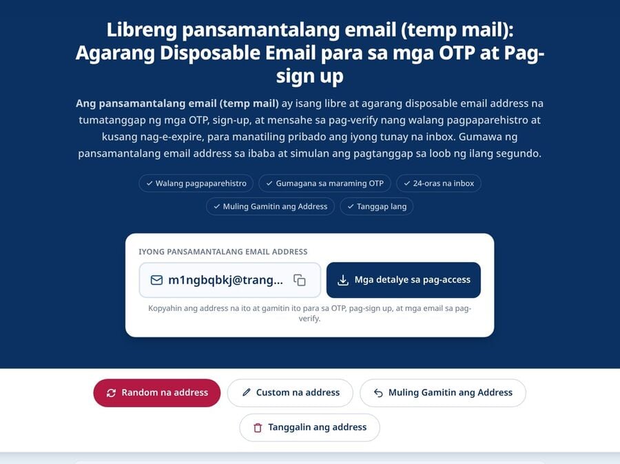 Ang homepage ng Tmailor ay awtomatikong bumubuo ng isang random na disposable na pansamantalang email address na maaaring kopyahin at i-paste sa form ng pag-signup sa Facebook upang i-verify ang isang bagong account nang hindi gumagamit ng isang personal na inbox