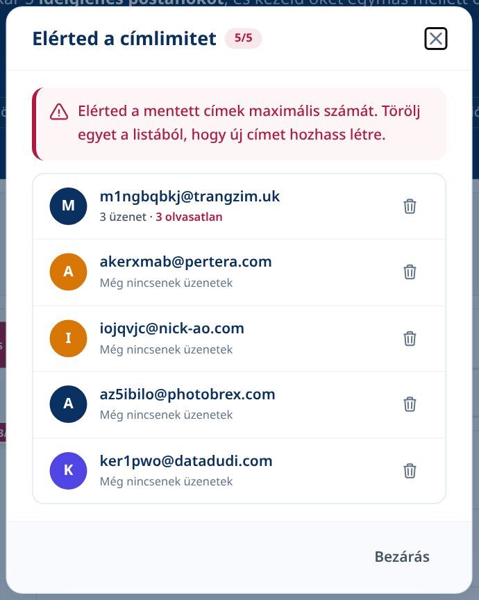 Tmailor címkorlát elért párbeszédben elmentett eldobható címeket sorolva mindegyikben törölt gomb