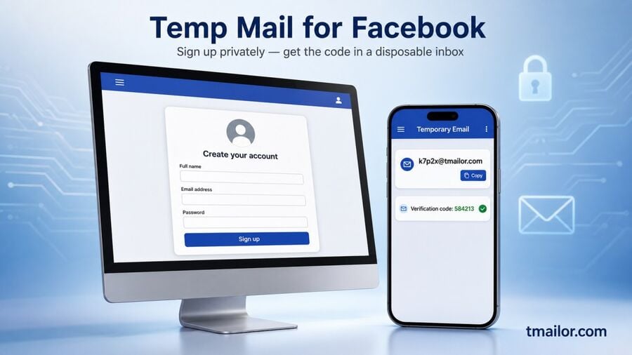 アカウント登録時にFacebook認証コードを受け取るTmailorの一時的なメール受信箱使い捨てアドレスがFacebookアカウント作成に必要な確認メールを受信する方法を示しています