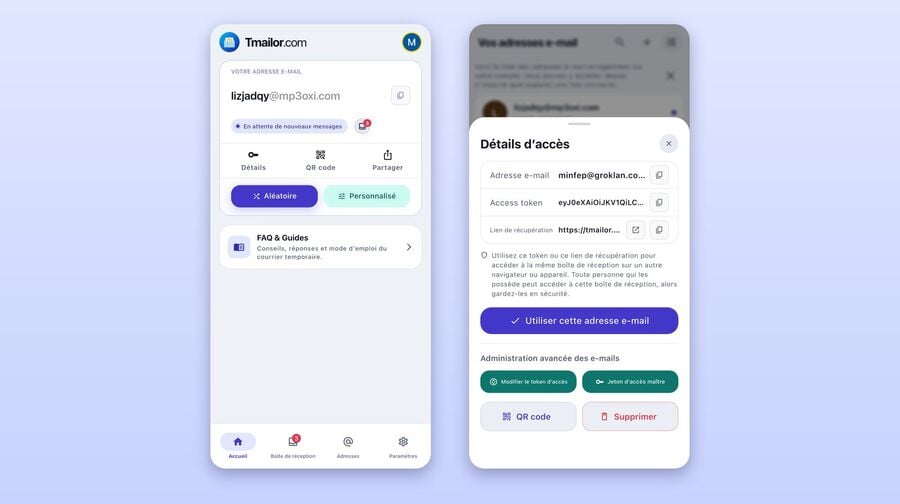 Deux écrans de lapplication iOS Tmailor côte à côte longlet Accueil en attente de nouveaux messages et le panneau Détails daccès indiquant le jeton daccès et son lien de récupération