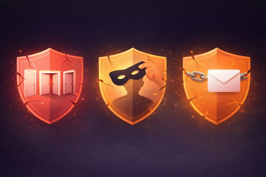 Three cracked shield segments representing Gmail alias weaknesses no separation no anonymity and no revocability