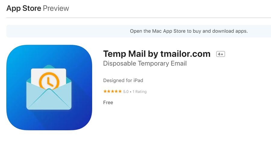 Temp mail app available on the Apple App Store