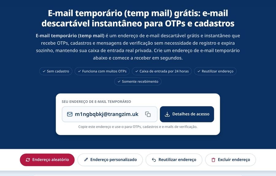 A página inicial do Tmailor gera um endereço de e-mail descartável aleatório pronto para copiar no formulário de cadastro do LinkedIn para que o e-mail de confirmação caia fora de uma caixa de entrada pessoal