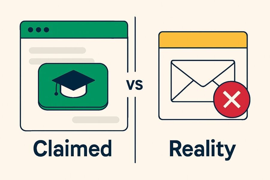 A two-lane comparison a generator promising a graduation-cap email on the left and a blocked lookalike-domain inbox on the right