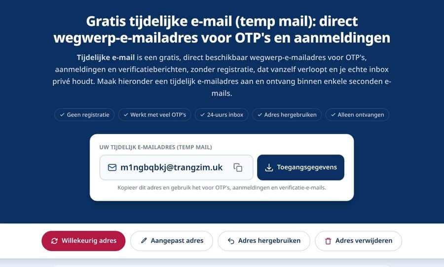 De Tmailor-homepage genereert een willekeurig wegwerptijdelijk e-mailadres dat je kunt kopiëren naar het Discord-aanmeldformulier om een nieuw account te verifiëren zonder je persoonlijke inbox te gebruiken