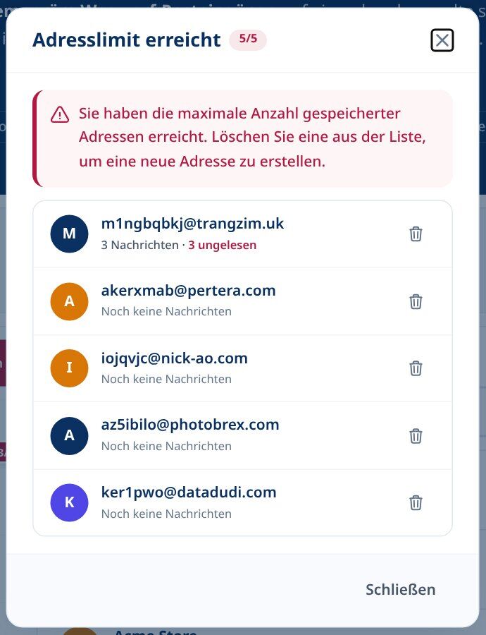 Tmailor-Adresslimit erreicht im Dialog der gespeicherte Wegwerfadressen auflistet jede mit einem Löschknopf