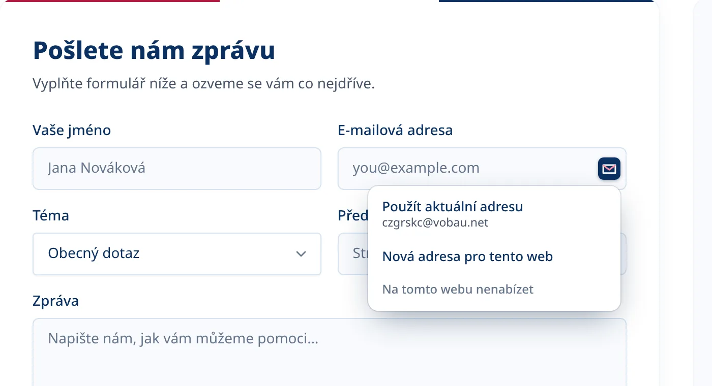 Volitelné menu Tmailor uvnitř e-mailového pole na registračním formuláři
