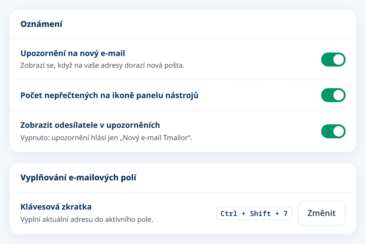 Nastavení rozšíření Tmailor pro upozornění na nové e-maily a klávesovou zkratku